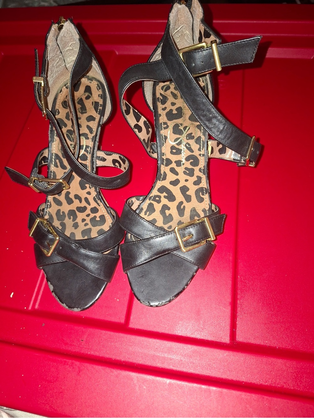 Jessica Simpson Black Strappy Heels with Leopard Insole
